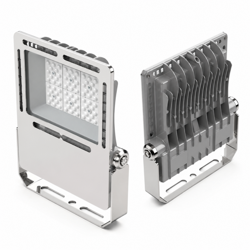 Corrosion resistant LED flood light with marine grade stainless steel bracket for coastal and port lighting applications