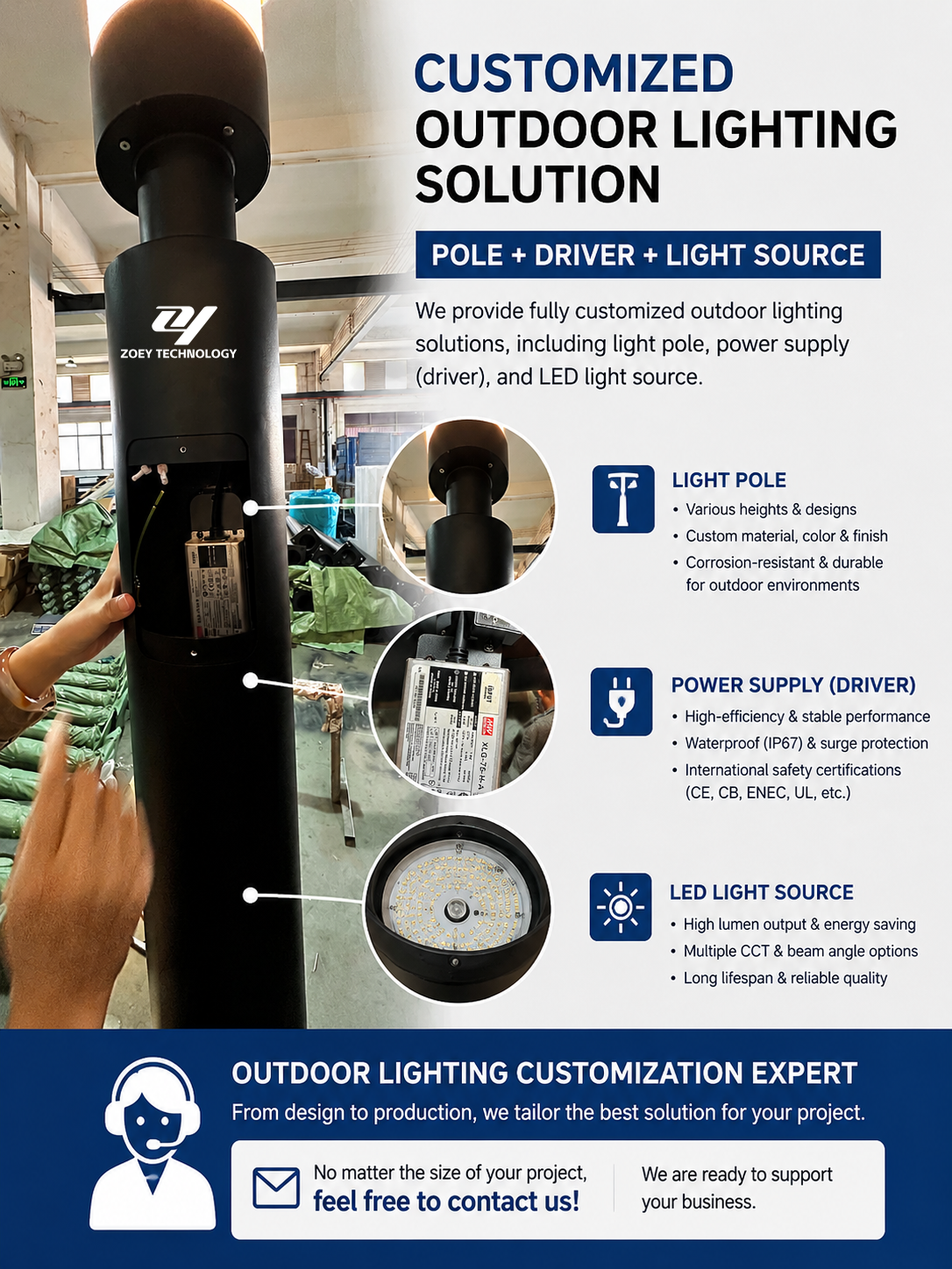 Customized outdoor lighting solution with integrated pole, LED driver and light source