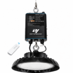 UL 924 emergency LED driver backup power supply installed with UFO high bay lighting for industrial applications
