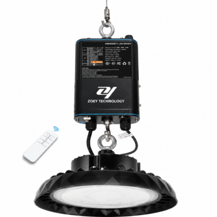 UL 924 emergency LED driver backup power supply installed with UFO high bay lighting for industrial applications