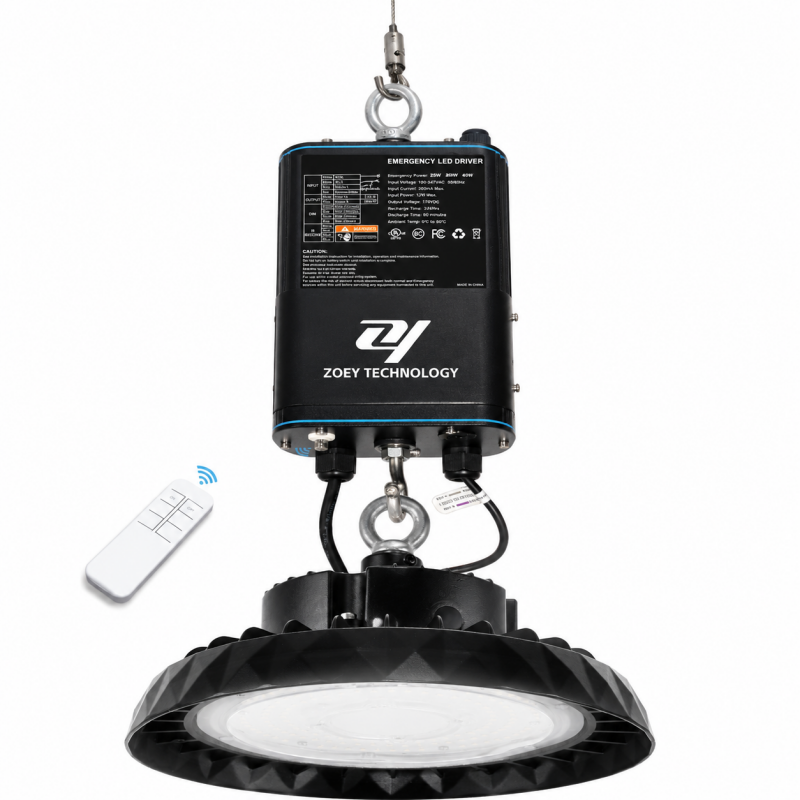UL 924 emergency LED driver backup power supply installed with UFO high bay lighting for industrial applications