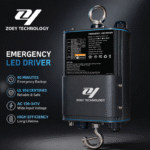 UL 924 emergency LED driver backup power supply installed with UFO high bay lighting for industrial applications