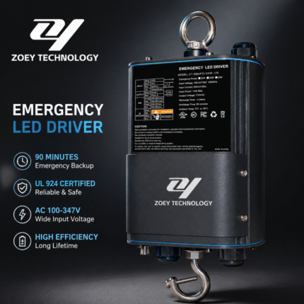 UL 924 emergency LED driver backup power supply installed with UFO high bay lighting for industrial applications