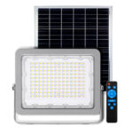 Solar LED flood light with DC power system for outdoor and off-grid lighting applications