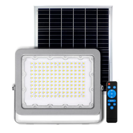 Solar LED flood light with DC power system for outdoor and off-grid lighting applications