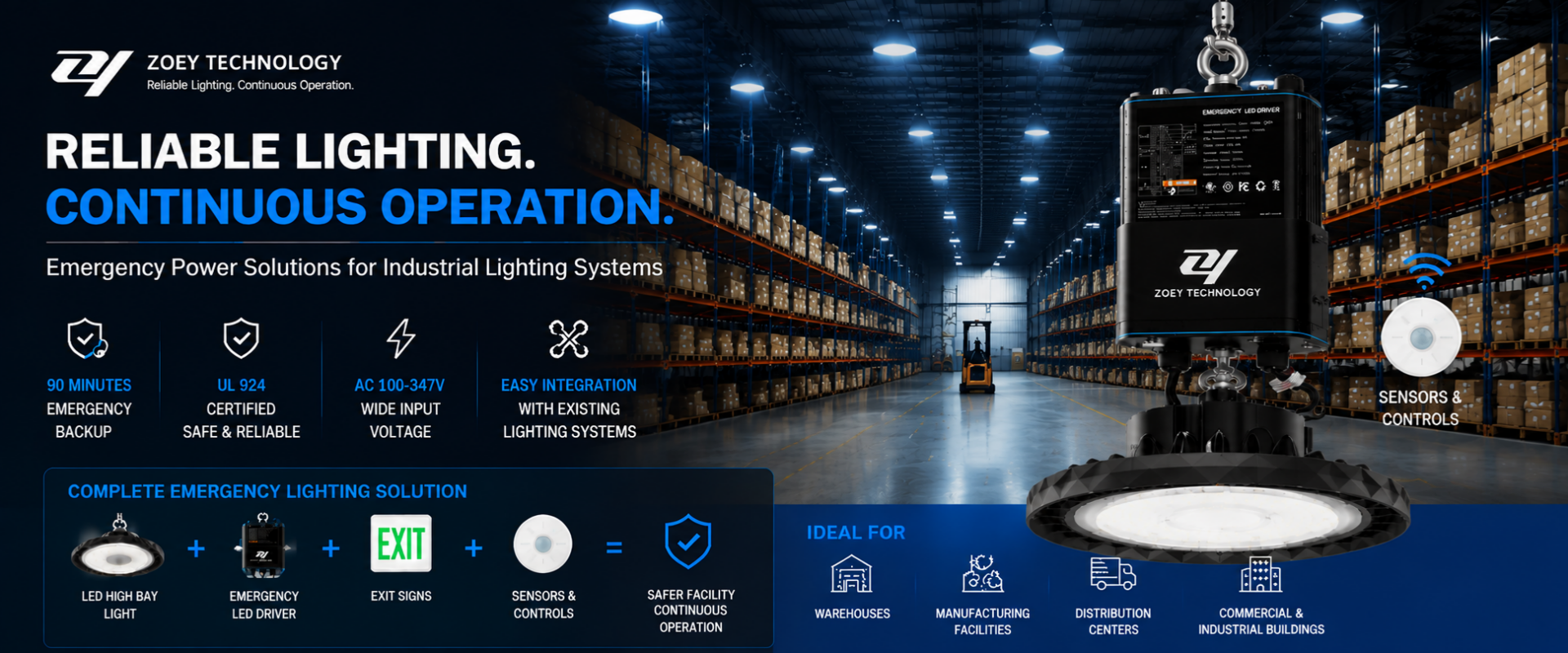 Industrial emergency lighting solution with LED high bay and UL 924 emergency LED driver for warehouses and commercial facilities