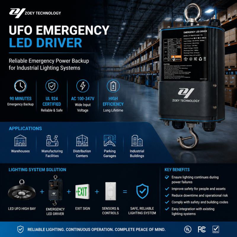 Reliable industrial emergency lighting solutions with UL 924 certified LED emergency drivers. Designed for warehouses, factories, and commercial buildings to ensure continuous lighting during power failures.